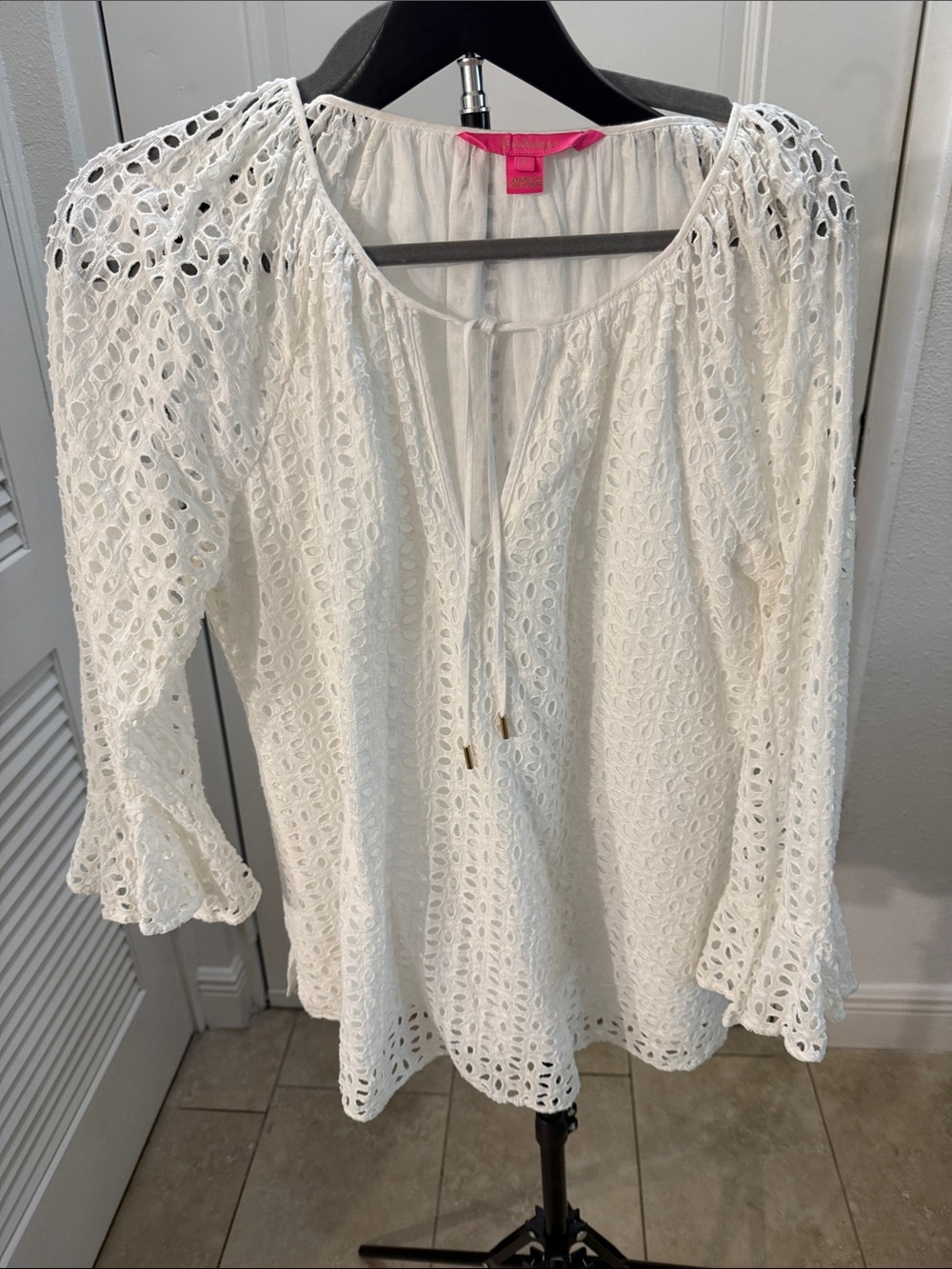 White Eyelet Peasant Blouse with Tie Neck